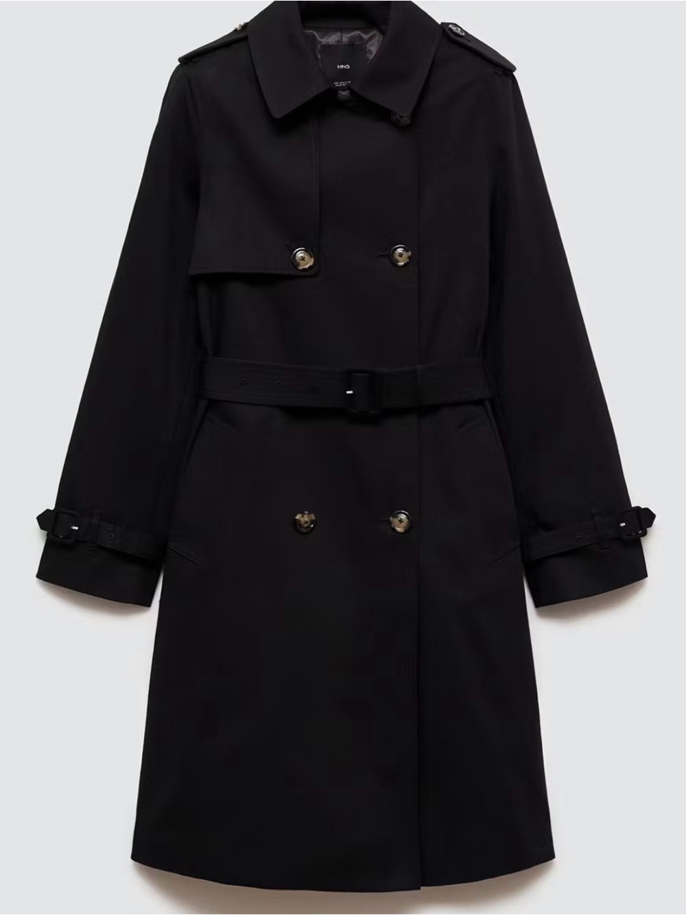 Mango Mid-Length Black Double-Breasted Trench Coat with Belt